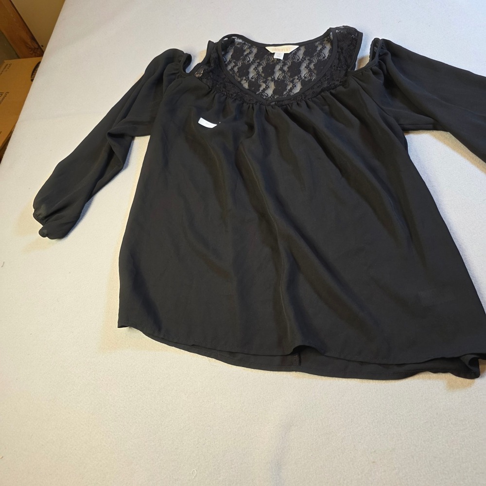 Decree Womens Black Lace Yoke Cold Shoulder Long Sleeve Blouse Top Small